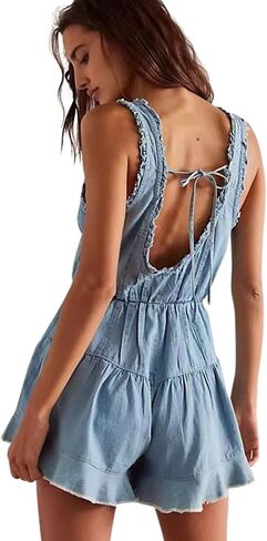 utcoco Women's 2025 Summer Casual Sleeveless Denim Romper Elastic Waist Loose Jean Shorts Jumpsuit Overalls in Saudi Arabia