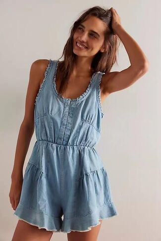 utcoco Women's 2025 Summer Casual Sleeveless Denim Romper Elastic Waist Loose Jean Shorts Jumpsuit Overalls in Saudi Arabia