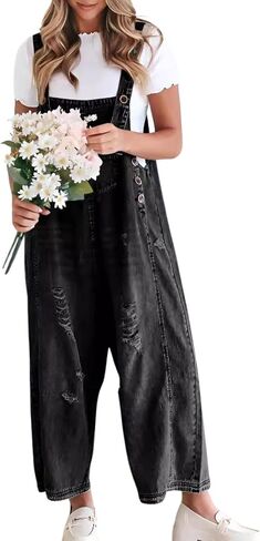 utcoco Women's Casual Adjustable Straps Denim Bib Overalls Distressed Ripped Wide Leg Jeans Long Pants Jumpsuits in Saudi Arabia
