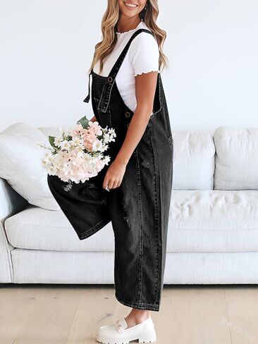 utcoco Women's Casual Adjustable Straps Denim Bib Overalls Distressed Ripped Wide Leg Jeans Long Pants Jumpsuits in Saudi Arabia