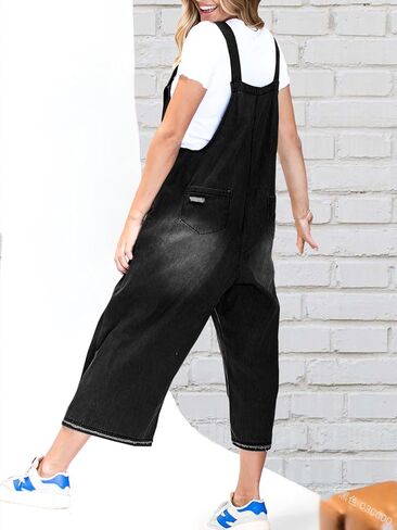 utcoco Women's Casual Adjustable Straps Denim Bib Overalls Distressed Ripped Wide Leg Jeans Long Pants Jumpsuits in Saudi Arabia