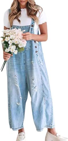 utcoco Women's Casual Adjustable Straps Denim Bib Overalls Distressed Ripped Wide Leg Jeans Long Pants Jumpsuits in Saudi Arabia