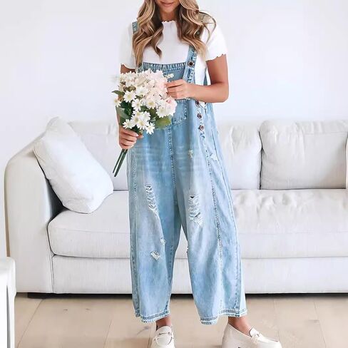 utcoco Women's Casual Adjustable Straps Denim Bib Overalls Distressed Ripped Wide Leg Jeans Long Pants Jumpsuits in Saudi Arabia