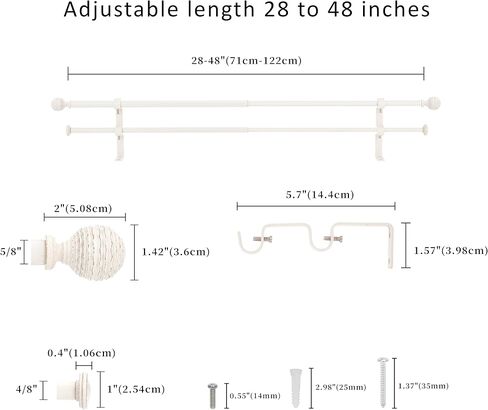 5/8" Double Curtain Rod with Boule Finials,Weathered White,28‘’-48‘’ in Saudi Arabia