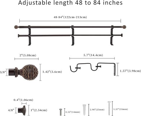 5/8" Double Curtain Rod with Boule Finials,Weathered White,28‘’-48‘’ in Saudi Arabia