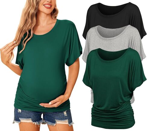 Ekouaer Maternity Shirts 3 Packs Dolman Sleeve Side Ruched Tops Clothes in Saudi Arabia