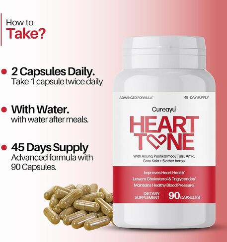 Heart Tone Capsules – Herbal Supplement for Heart Health Support – With Arjuna, Pushkarmool & 8 Botanicals – Helps Maintain Healthy Cholesterol & Triglyceride Levels – 90 Veg Capsules - 2 Pack in Saudi Arabia