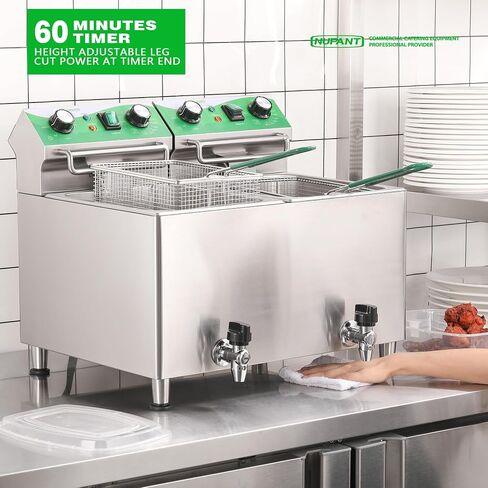 NUPANT 25.3QT/24L Commercial Deep Fryer with Oil Filtration and Timer Electric Deep Fryer with 2 Baskets and Lids Dual Tank Stainless Steel Large Countertop Fryer for Restaurant Use,110V 1750W x 2 in Kuwait