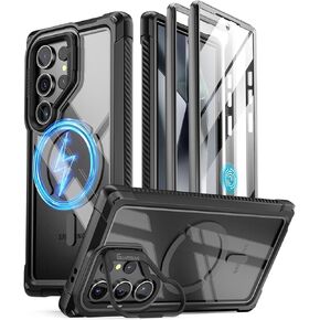 Poetic Guardian Case for Samsung Galaxy S24 Ultra 6.8", [Built-in Camera Stand] [Screen Protector Work with Fingerprint ID] Full Body Shockproof Protective Rugged Clear Cover, Black/Clear