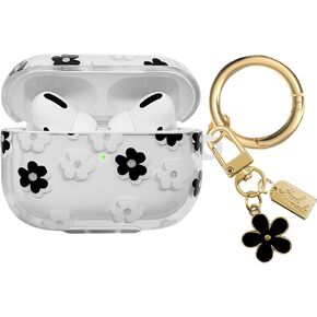 Compatible with AirPods Pro Case Cover 2019, Soft TPU Case with Cute Flower Pattern for AirPods Pro 1st Generation Case with Flower Keychain and Carabiner for Girls Women (Pink)