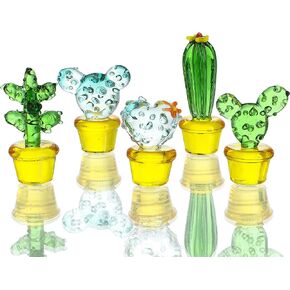 H&D HYALINE & DORA 5PCS Handmade Blown Glass Art Cactus Crystal Miniature Cute Cactus Figurines Home Office Desk Tabletop Simulation Plants Decorations Car Inner Ornaments