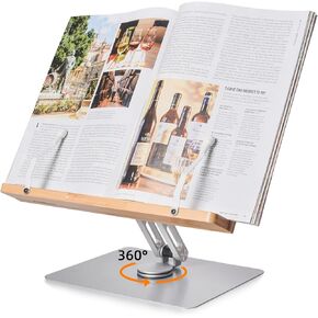 Book Stand for Reading, Xjskkaa 360° Rotate Adjustable Desktop Book Holder, Cookbook Stands Page Paper Clips Ergonomic Multi Heights Angles Foldable Bamboo for Books (Large)