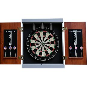 Hathaway Geneva Dartboard and Cabinet Set - Includes 18-in Dartboard, Steel-Tip Darts, Chalk Scoreboards - Perfect for Family Game Rooms, Basements, Home Bars, Wood Grain/Black/Gray