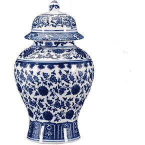 Chinese Decorative Ceramic Ginger Jar Traditional Blue and White Porcelain Temple Jar for Home Decoration,H12.20inch