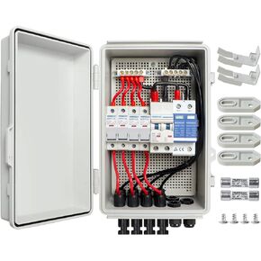 EXCELFU 4 String PV Combiner Box for Solar, with Lightning Arreste & 15A Rated Current Fuse and 63A Circuit Breaker, IP65 Waterproof Solar Combiner Box for On/Off Grid Solar Panel System