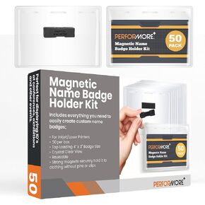 Officewerks - 50 Pack of Magnetic Name Badge Holder Kit, 4" x 3" Horizontal ID Card Name Tag for Conventions, Exhibitors, and Events (Inkjet or Laser Printable Inserts Included)