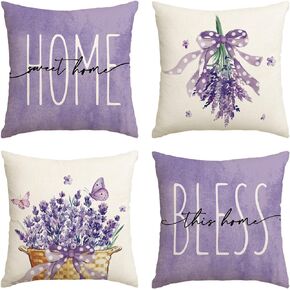 AVOIN colorlife Lavender Home Sweet Home Bless This Home Spring Throw Pillow Covers, 18 x 18 Inch Purple Summer Cushion Case for Sofa Couch Set of 4