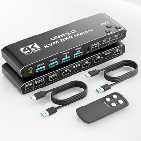 محول KVM 4K@60 هرتز لشاشتين وجهاز كمبيوتر، شاشة مزدوجة HDMI Matrix 4 في 2 خارج عرض ممتد، مفتاح KVM مع 4 منافذ USB 3.0، 4 منافذ HDMI ومنفذين HDMI خارج، يدعم مفتاح التشغيل السريع وجهاز التحكم عن بعد in Kuwait