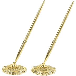 2 Pcs Wedding Pens Guest Book Signing Pens Metal Writing Ballpoint Pens with Hollow Round Holder for Party Engagement Business Golden
