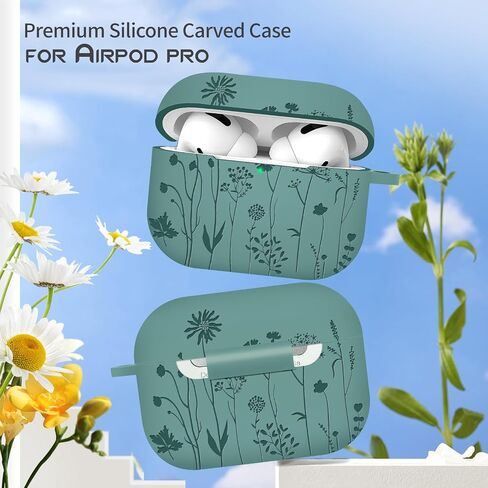 Flower Engraved AirPod Pro Case 2nd 1st Generation Case Cover, Cute Soft Silicone Full Protective Skin Case for Apple AirPod Case, Pine Green in Saudi Arabia