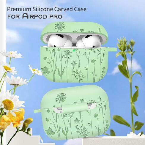 Flower Engraved AirPod Pro Case 2nd 1st Generation Case Cover, Cute Soft Silicone Full Protective Skin Case for Apple AirPod Case, Pine Green in Saudi Arabia