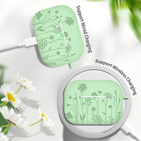 Flower Engraved AirPod Pro Case 2nd 1st Generation Case Cover, Cute Soft Silicone Full Protective Skin Case for Apple AirPod Case, Pine Green in Saudi Arabia