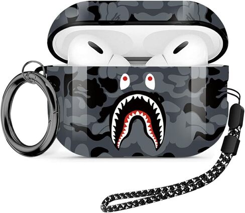 Fashion Pattern AirPods Pro 2nd Generation Case 2022,for Men Women Shark Tooth Camo Softshell Full Body Shockproof Protective Cover for New AirPod Pro 2 with Keychain/Hand Strap (Black Shark) in Saudi Arabia