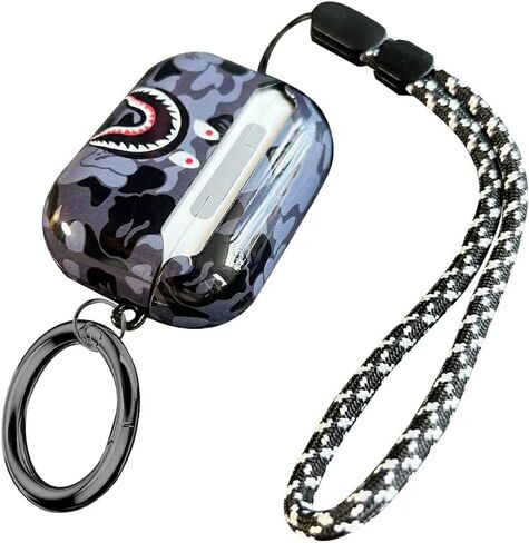 Fashion Pattern AirPods Pro 2nd Generation Case 2022,for Men Women Shark Tooth Camo Softshell Full Body Shockproof Protective Cover for New AirPod Pro 2 with Keychain/Hand Strap (Black Shark) in Saudi Arabia