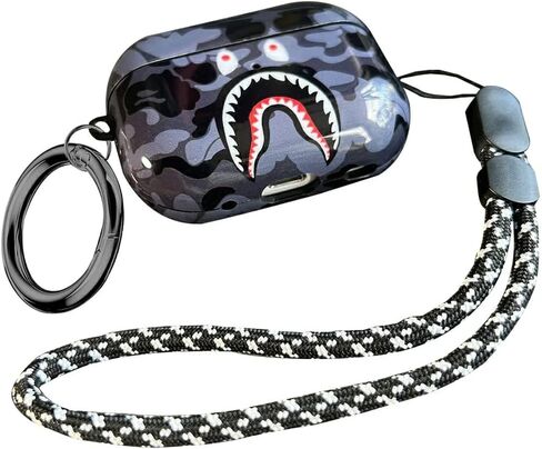 Fashion Pattern AirPods Pro 2nd Generation Case 2022,for Men Women Shark Tooth Camo Softshell Full Body Shockproof Protective Cover for New AirPod Pro 2 with Keychain/Hand Strap (Black Shark) in Saudi Arabia