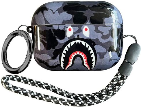 Fashion Pattern AirPods Pro 2nd Generation Case 2022,for Men Women Shark Tooth Camo Softshell Full Body Shockproof Protective Cover for New AirPod Pro 2 with Keychain/Hand Strap (Black Shark) in Saudi Arabia