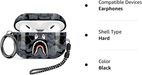 Fashion Pattern AirPods Pro 2nd Generation Case 2022,for Men Women Shark Tooth Camo Softshell Full Body Shockproof Protective Cover for New AirPod Pro 2 with Keychain/Hand Strap (Black Shark) in Saudi Arabia