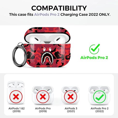 Fashion Pattern AirPods Pro 2nd Generation Case 2022,for Men Women Shark Tooth Camo Softshell Full Body Shockproof Protective Cover for New AirPod Pro 2 with Keychain/Hand Strap (Black Shark) in Saudi Arabia