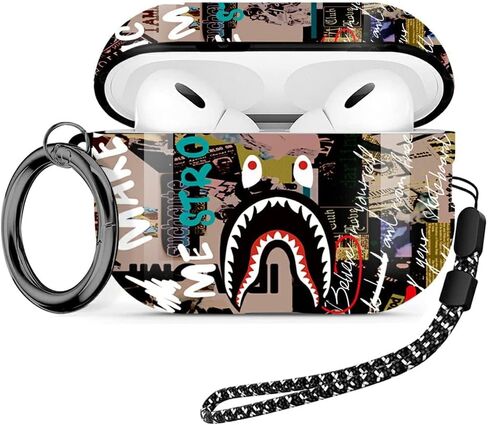 Fashion Pattern AirPods Pro 2nd Generation Case 2022,for Men Women Shark Tooth Camo Softshell Full Body Shockproof Protective Cover for New AirPod Pro 2 with Keychain/Hand Strap (Black Shark) in Saudi Arabia