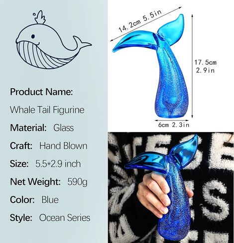 QFkris 5.5in Modern Art Hand Blown Glass Whale Tail Figurine Collectibles Glass Art Marine Animals Sculpture Table Ornament Gift Home Fish Tank Decor (Blue) in Saudi Arabia