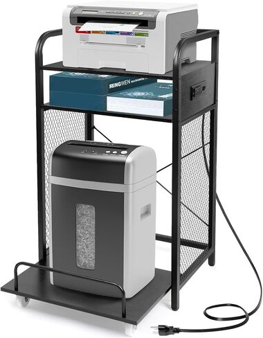 3-Tier Printer Stand with Pull out Shelf for Shredder,20" L x 14" W x 34" H Floor-Standing Desk Side Shredder Stand,Printer Stand with Storage and Power Outlet,Office Storage Shelf Rack for Fax in Saudi Arabia