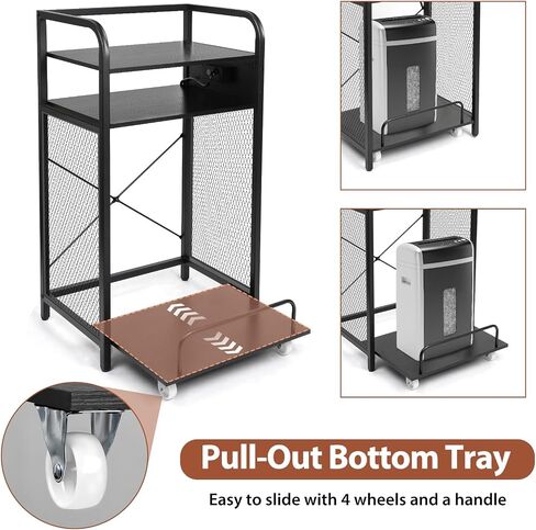3-Tier Printer Stand with Pull out Shelf for Shredder,20" L x 14" W x 34" H Floor-Standing Desk Side Shredder Stand,Printer Stand with Storage and Power Outlet,Office Storage Shelf Rack for Fax in Saudi Arabia