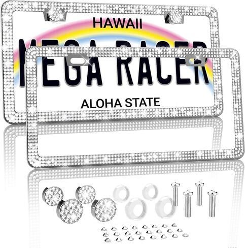 إطار لوحة الترخيص Mega Racer White Bling 2 Pack - 650 قطعة من أحجار الراين الكريستالية الفاخرة، فتحتين من الفولاذ المقاوم للصدأ مقاومة للطقس in Kuwait