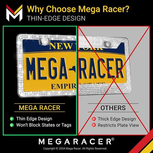 إطار لوحة الترخيص Mega Racer White Bling 2 Pack - 650 قطعة من أحجار الراين الكريستالية الفاخرة، فتحتين من الفولاذ المقاوم للصدأ مقاومة للطقس in Kuwait