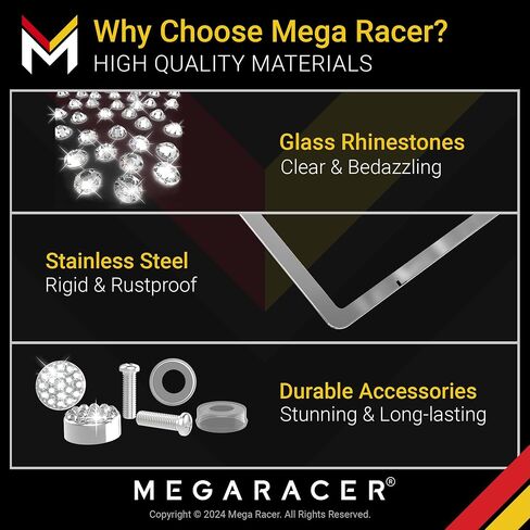 إطار لوحة الترخيص Mega Racer White Bling 2 Pack - 650 قطعة من أحجار الراين الكريستالية الفاخرة، فتحتين من الفولاذ المقاوم للصدأ مقاومة للطقس in Kuwait