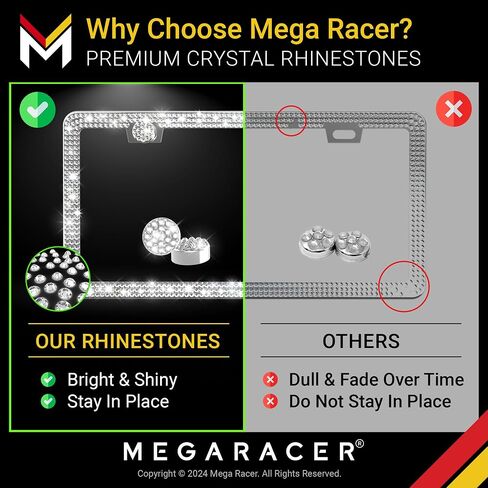 إطار لوحة الترخيص Mega Racer White Bling 2 Pack - 650 قطعة من أحجار الراين الكريستالية الفاخرة، فتحتين من الفولاذ المقاوم للصدأ مقاومة للطقس in Kuwait