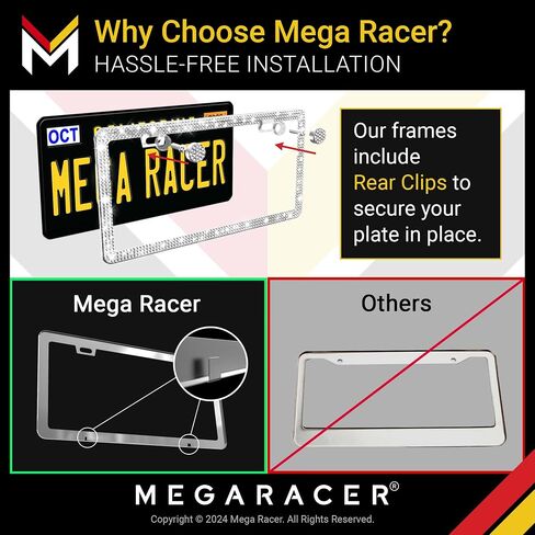 إطار لوحة الترخيص Mega Racer White Bling 2 Pack - 650 قطعة من أحجار الراين الكريستالية الفاخرة، فتحتين من الفولاذ المقاوم للصدأ مقاومة للطقس in Kuwait