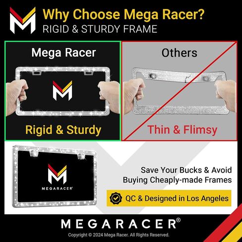 إطار لوحة الترخيص Mega Racer White Bling 2 Pack - 650 قطعة من أحجار الراين الكريستالية الفاخرة، فتحتين من الفولاذ المقاوم للصدأ مقاومة للطقس in Kuwait