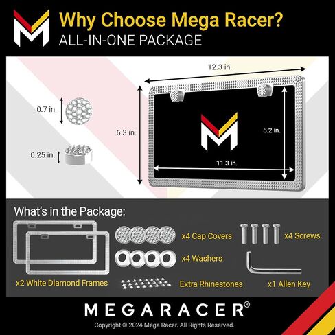 إطار لوحة الترخيص Mega Racer White Bling 2 Pack - 650 قطعة من أحجار الراين الكريستالية الفاخرة، فتحتين من الفولاذ المقاوم للصدأ مقاومة للطقس in Kuwait