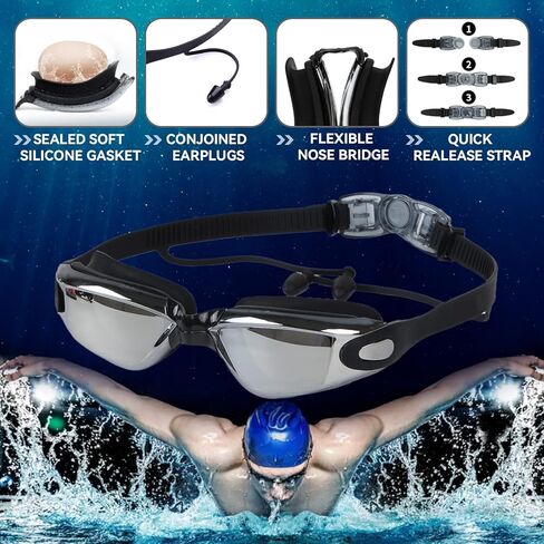 نظارات السباحة نظارات السباحة الكبار الرجال النساء مكافحة الضباب لا تسرب الأشعة فوق البنفسجية حماية سبلاش مع مشبك الأنف سدادات الأذن in Kuwait