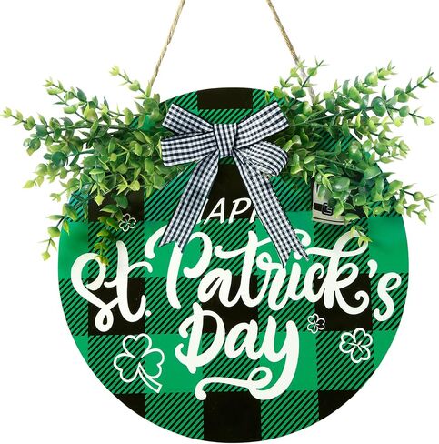 Sggvecsy St Patricks Day Decorations Buffalo Plaid Wooden Hanging Door Sign Happy St Patrick’s Day Farmhouse Rustic Door Decoration with Bowknot Greenery for Front Door Home Indoor Outdoor in Saudi Arabia