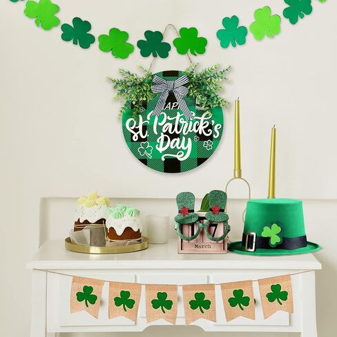 Sggvecsy St Patricks Day Decorations Buffalo Plaid Wooden Hanging Door Sign Happy St Patrick’s Day Farmhouse Rustic Door Decoration with Bowknot Greenery for Front Door Home Indoor Outdoor in Saudi Arabia