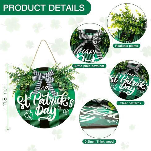 Sggvecsy St Patricks Day Decorations Buffalo Plaid Wooden Hanging Door Sign Happy St Patrick’s Day Farmhouse Rustic Door Decoration with Bowknot Greenery for Front Door Home Indoor Outdoor in Saudi Arabia