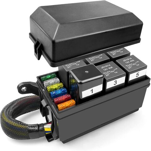 صندوق ترحيل الصمامات 12 فولت 6 فتحات كتلة التتابع 6 فتحات ATC/ATO فيوز، 5 قطع 5 دبابيس JD1914 40A مرحلات و1 قطعة 4 دبابيس RTT7121 40A مرحل، مجموعة صندوق تتابع عالمية مقاومة للماء لشاحنة السيارة والقوارب البحرية in Kuwait