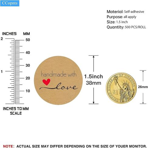 500pcs 1.5 Inch Kraft Handmade with Love Stickers Roll Baking Stickers Self-Adhesive Stickers Labels Roll Decor Tags for Baking Packages, Homemade Gifts, Small Business Supplies in Saudi Arabia