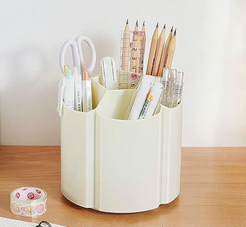 Rotating Pen Holder 360 Degree Spinning Pencil Pen Container 6 Compartments Pencil Cup Pot Makeup Brush Holder Rotating Desktop Stationary Organizer (creamy white) in Saudi Arabia